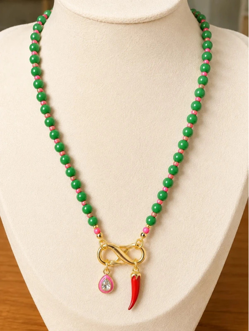 Handmade Green Beaded Necklace with Pink and Red Chili Pepper Charms, Gold-Tone